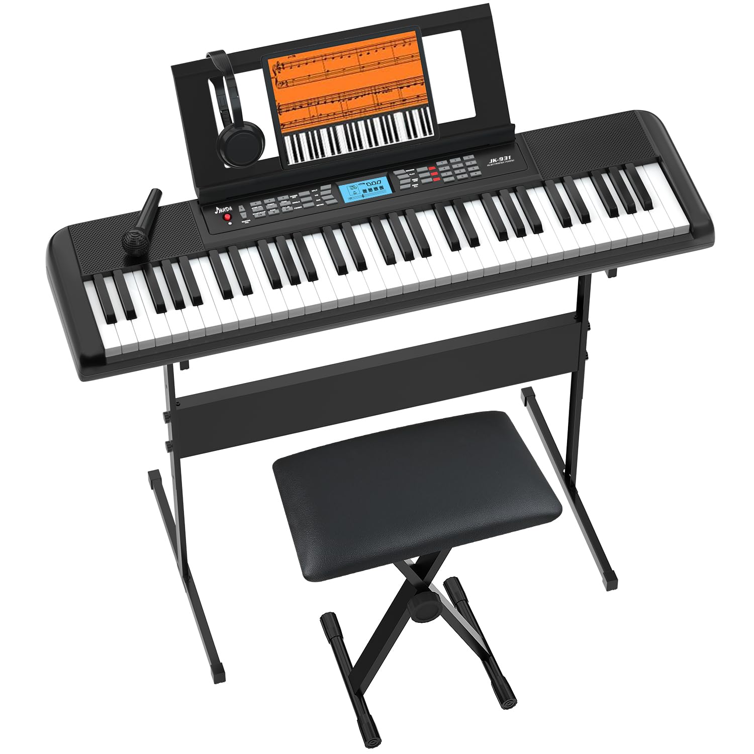 61-Key Portable Electric Piano Keyboard with LCD Screen, Built-In Speakers & 300 Timbres - Perfect for Beginners, Home Practice & Live Performances - Includes Stand, Stool, Headphones & Microphone