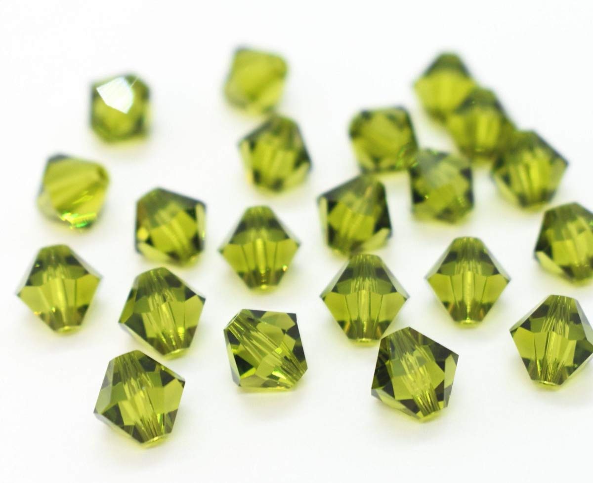 100pcs Authentic Preciosa 4mm (0.16 Inch) Small Faceted Bicone Crystal Loose Beads - Olivine Green, Compatible with Swarovski 5301/5328 for DIY Jewelry Making, Crafting, Bracelets, Necklaces & Home Decor (Pre-B419)