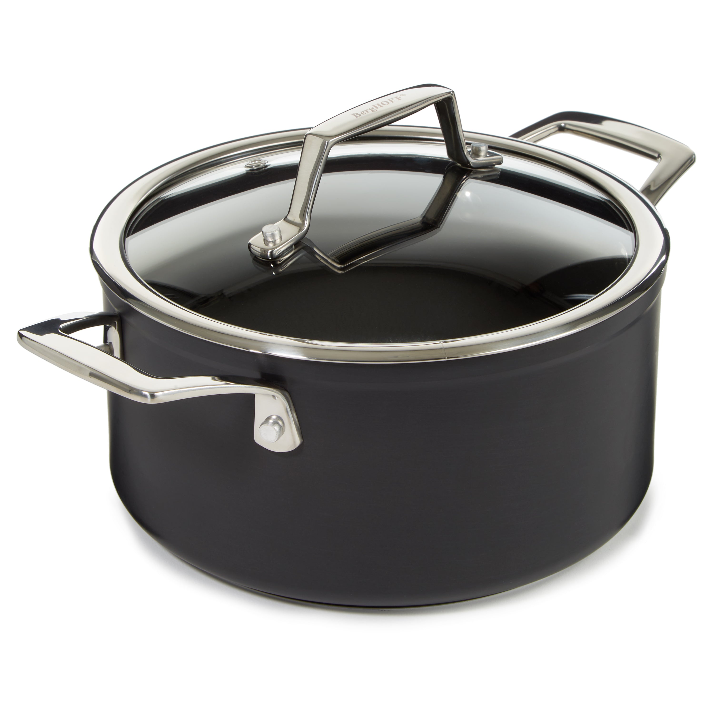 BergHOFF Essentials Nonstick Hard Anodized 8-Inch Stockpot 3.3 Quart with Glass Lid, Black - Perfect for Soups, Stews & Pasta Cooking in Modern Kitchens