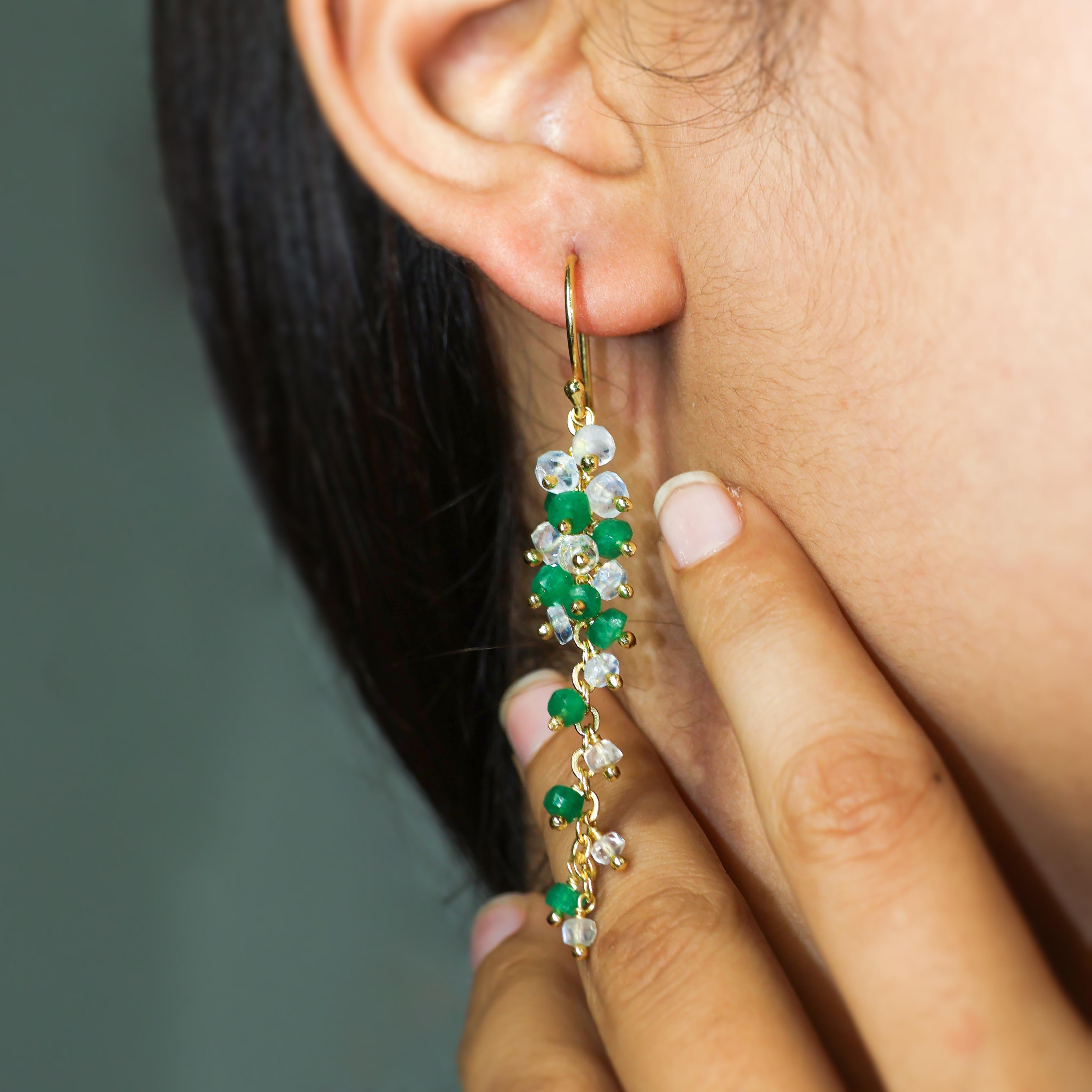 Moonstone and Emerald Beaded Dangle Earrings - Dual Color Bohemian Jewelry for Women - Perfect for Weddings, Parties & Everyday Wear