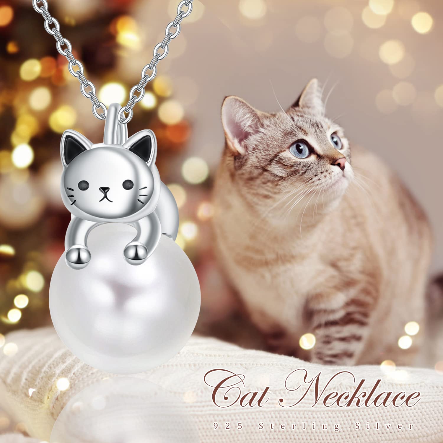 DreamBoat Cat Pearl Necklace for Women - 925 Sterling Silver Kitten Pendant Jewelry | Elegant Animal-Themed Gift for Cat Lovers, Birthday & Anniversary