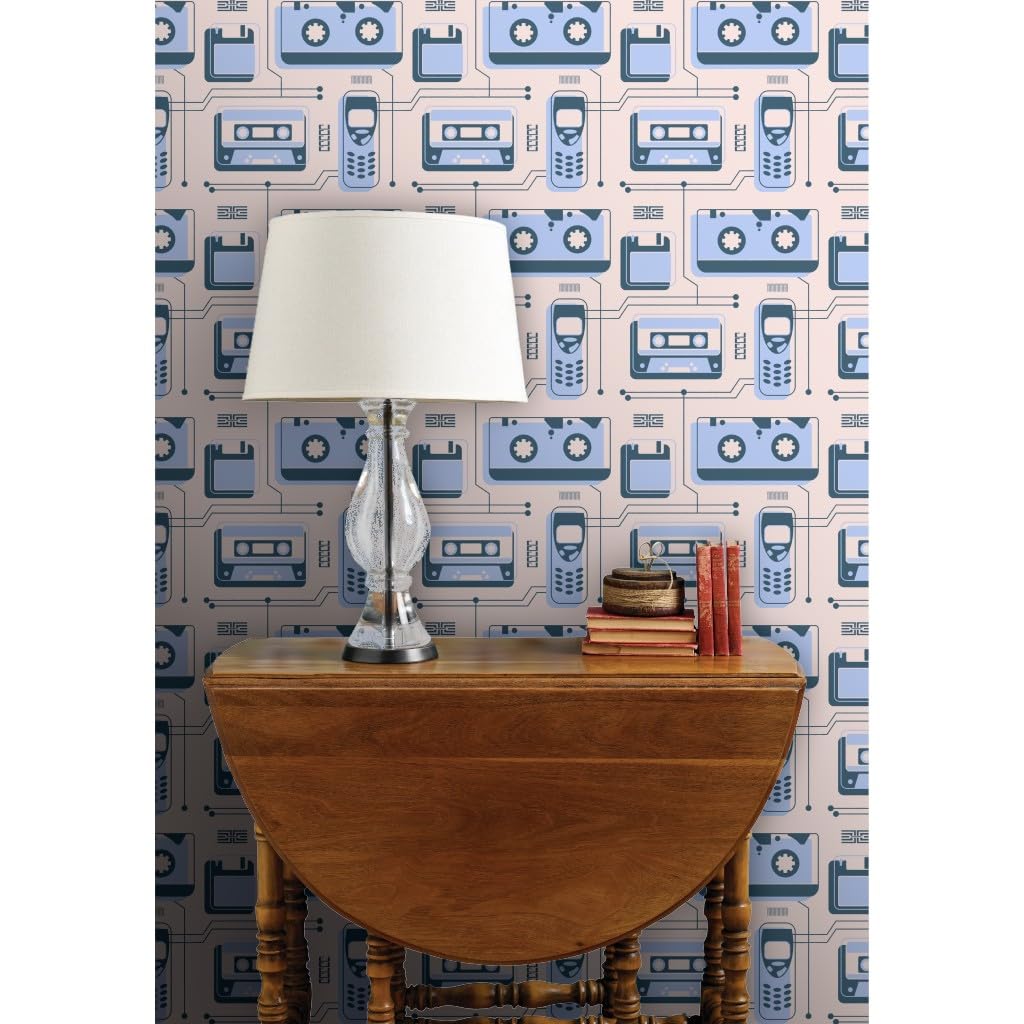 Premium Commercial Grade Wallpaper - 27ft x 2ft Roll, 2000S Light Blue & Dusty Pink Cassette Pattern, Traditional Phone Design by Spoonflower | Perfect for Living Rooms, Bedrooms, and Home Offices