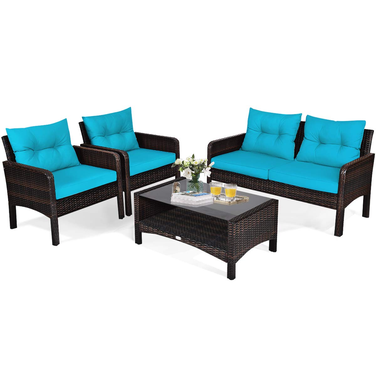 HappyGrill 4-Piece Outdoor Patio Furniture Set - Rattan Wicker Sectional Sofa with Coffee Table & Cushions - Perfect for Garden, Poolside, Backyard, and Balcony Relaxation