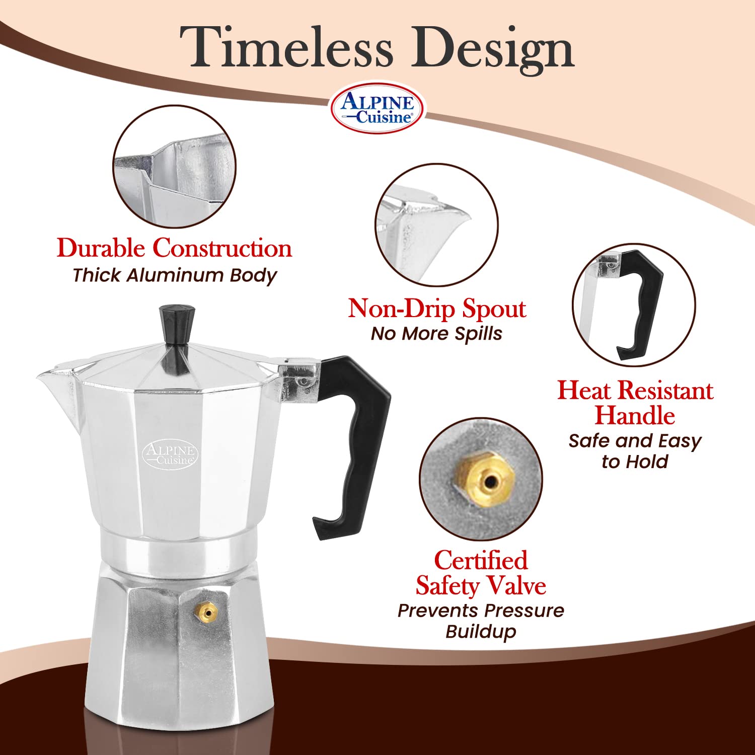 Alpine Cuisine 12.5 Oz Stovetop Espresso Maker - Classic Italian & Cuban Coffee Moka Pot with 9 Espresso Cups - Durable Aluminum Coffee Maker for Home, Camping & Outdoor Use