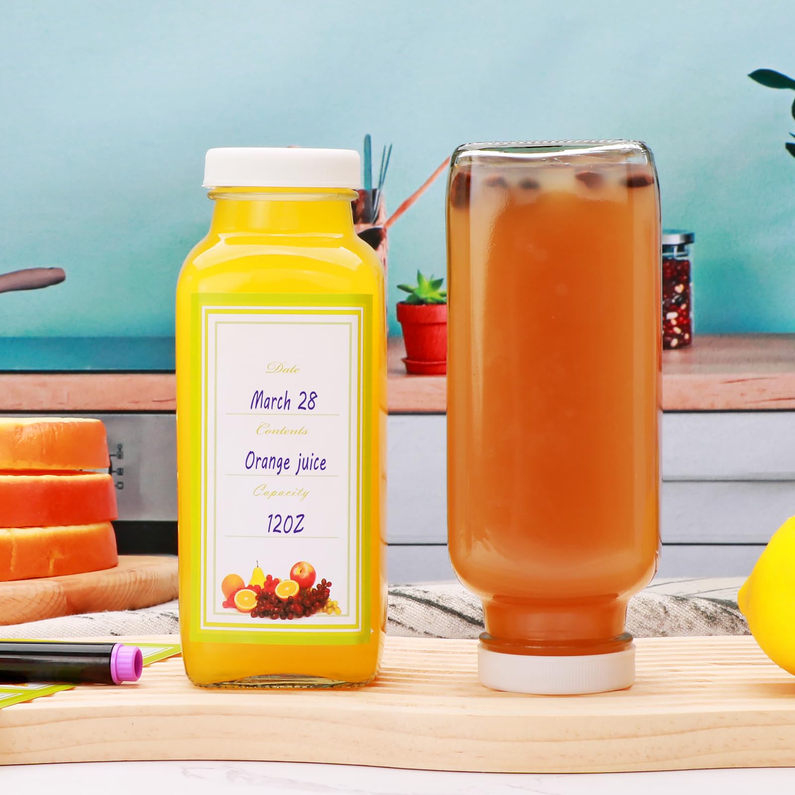 Brajttt 12 oz Glass Juice Bottles with Lids - Set of 12 Reusable Square Beverage Containers for Milk, Juice, Tea, Milkshake, Water, Honey & Jam - Perfect for Home, Office, Restaurant & Meal Prep Storage