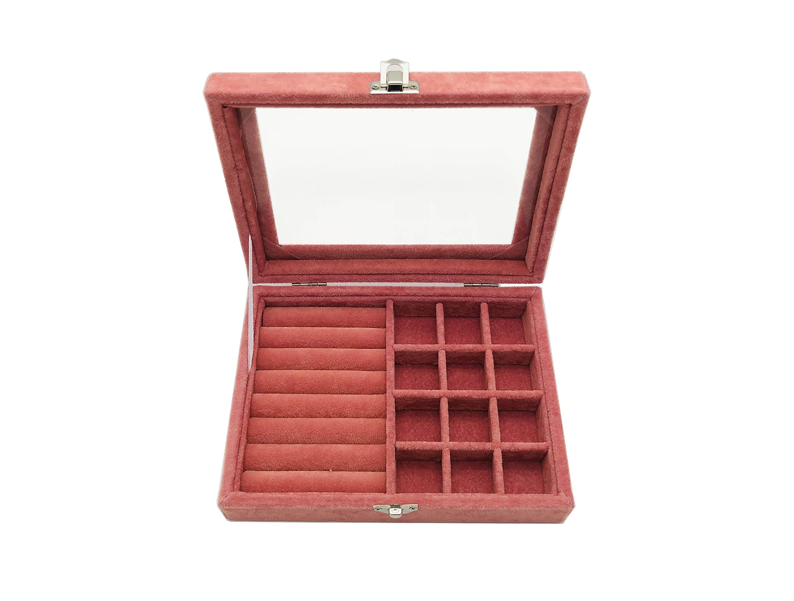 Elegant Pink Velvet Jewelry Box with Clear Glass Lid - Jewelry Organizer for Rings, Necklaces & Earrings - Perfect Gift for Women & Girls - Ideal for Travel, Home & Wedding Jewelry Storage