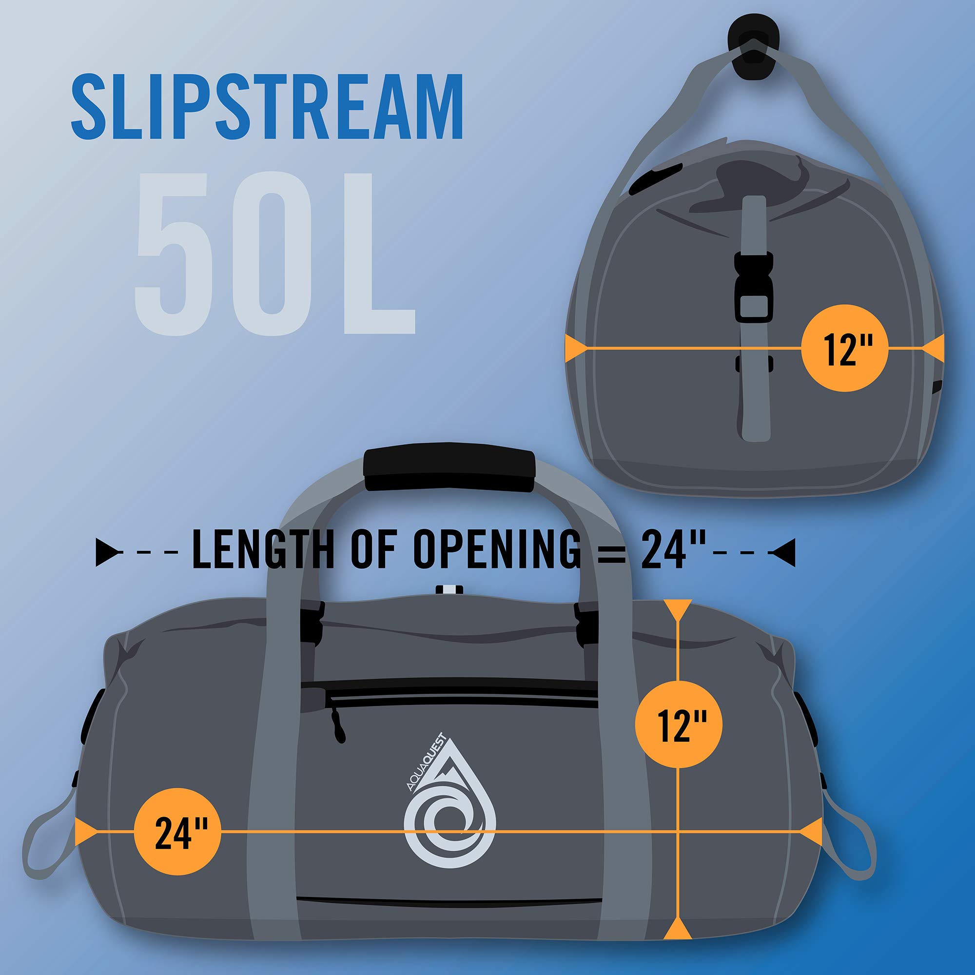 AquaQuest Slipstream 50L Waterproof Duffel Bag - Lightweight, Durable & Compact Dry Bag for Sports, Travel, Camping, Boating - Black, Blue, Orange - Perfect for Outdoor Adventures, Beach Trips & Water Sports