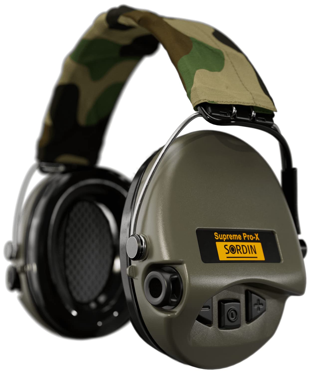 Sordin Supreme PRO X Adjustable Active Safety Ear Muffs - Hearing Protection with Camo Canvas Headband & Green Cups for Shooting, Hunting, Construction & Industrial Work
