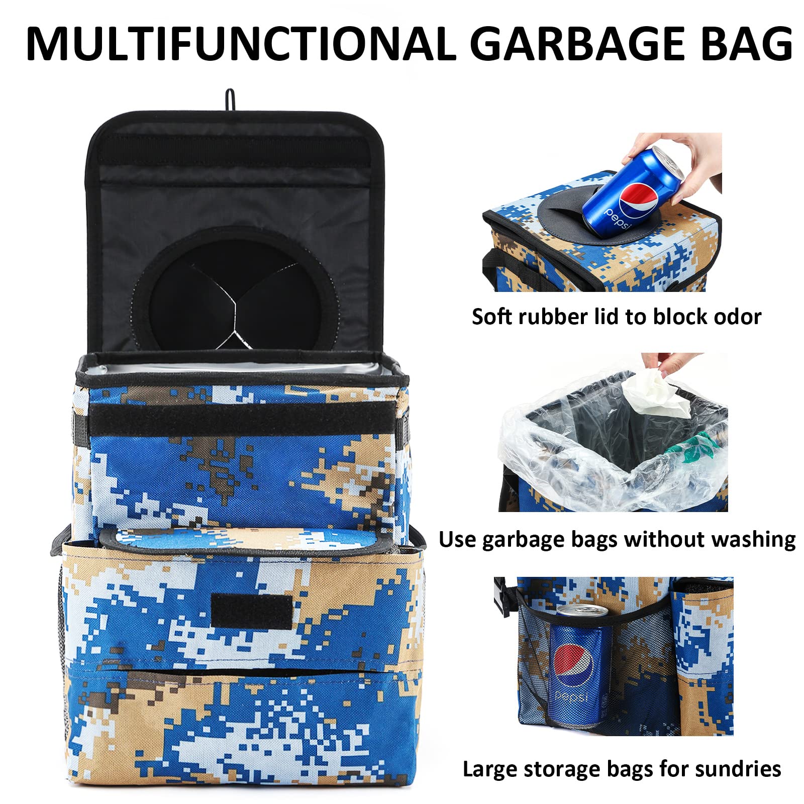 AUTODECO Waterproof Car Trash Can with Lid - 3 Gallon Vehicle Garbage Bin, Camouflage Blue - Perfect for Road Trips, Camping & Daily Commute