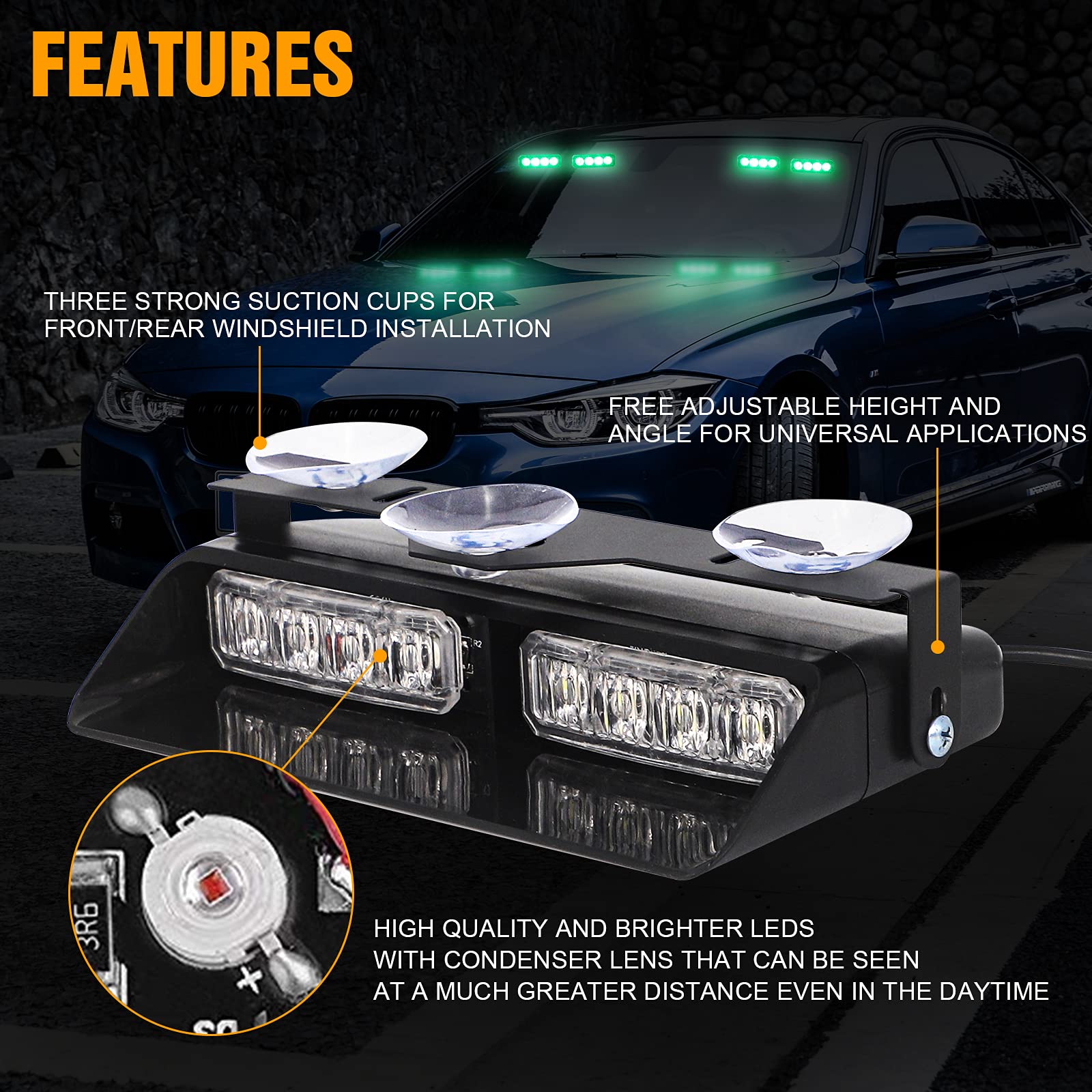 XRIDONSEN 2 in 1 Green Emergency Strobe Light - 16 LED Dash Warning Light with Suction Cups for Police, Volunteer, Trucks & Vehicles (7.16 Inch) - Interior Windshield Safety Flashing Light for Law Enforcement & Roadside Emergencies