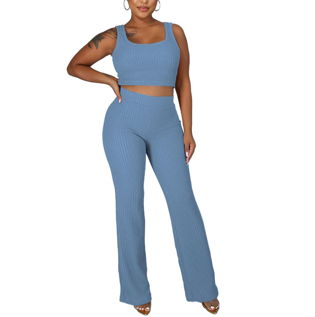Women's 2 Piece Casual Outfit Set - Sleeveless Crop Top & High Waist Lounge Pants | Summer Athleisure Wear for Yoga, Gym, Running & Street Fashion