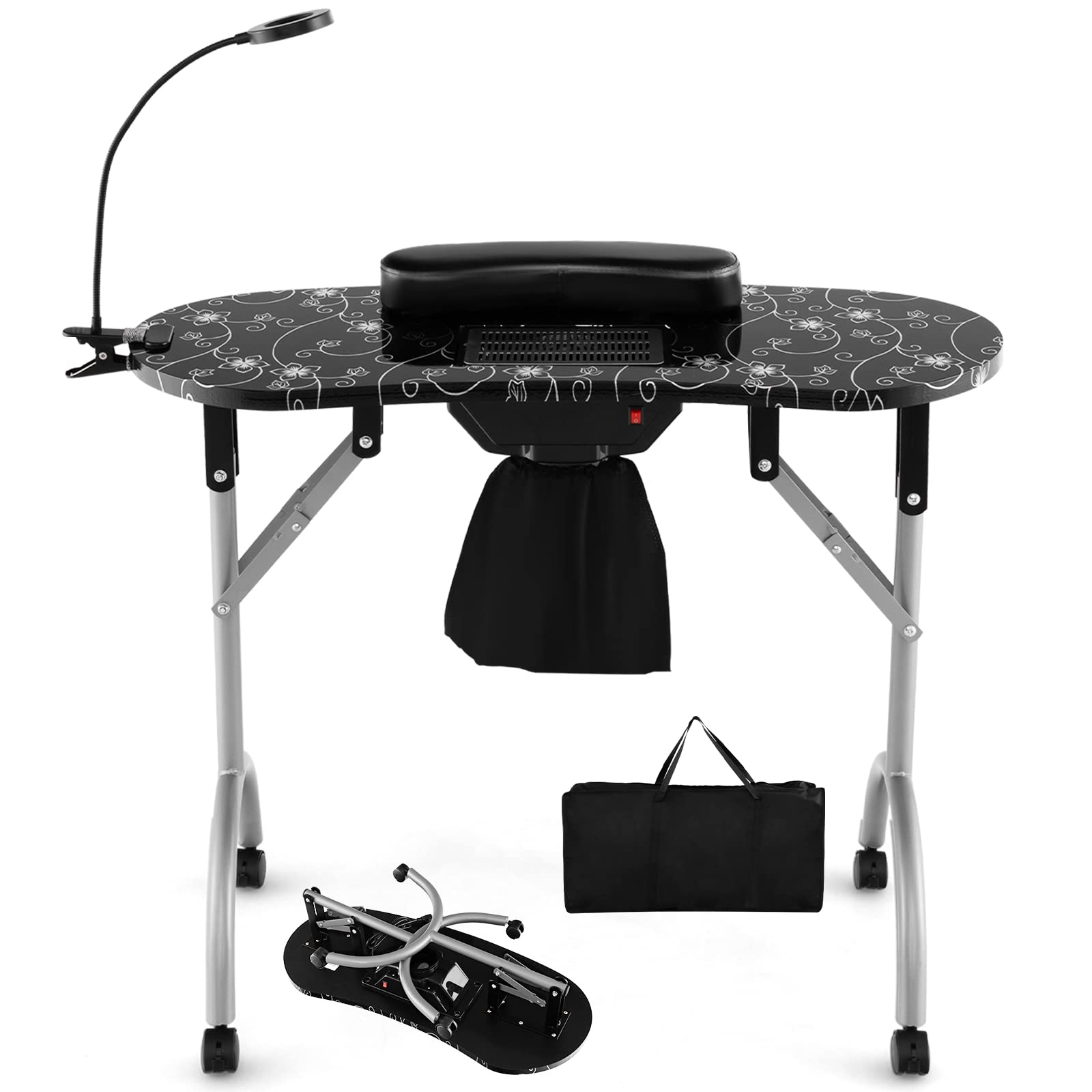 Portable 35-inch Folding Manicure Table with Electric Dust Collector, Adjustable LED Light & Carry Bag - 4 Lockable Wheels Nail Salon Station for Professionals (Black) | Perfect for Home Salons & Mobile Nail Technicians