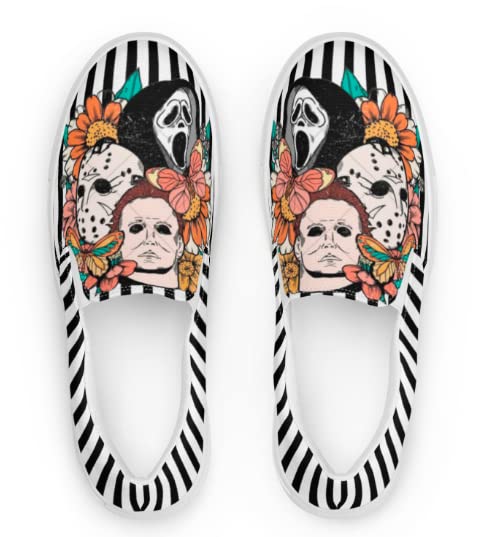 Horror Movie Themed Slip-On Canvas Shoes for Women - Halloween Costume Shoes, Handmade Jason & Freddy Krueger Inspired Sneakers - Perfect Gift for Horror Fans | Wear to Halloween Parties, Cosplay Events & Horror Conventions