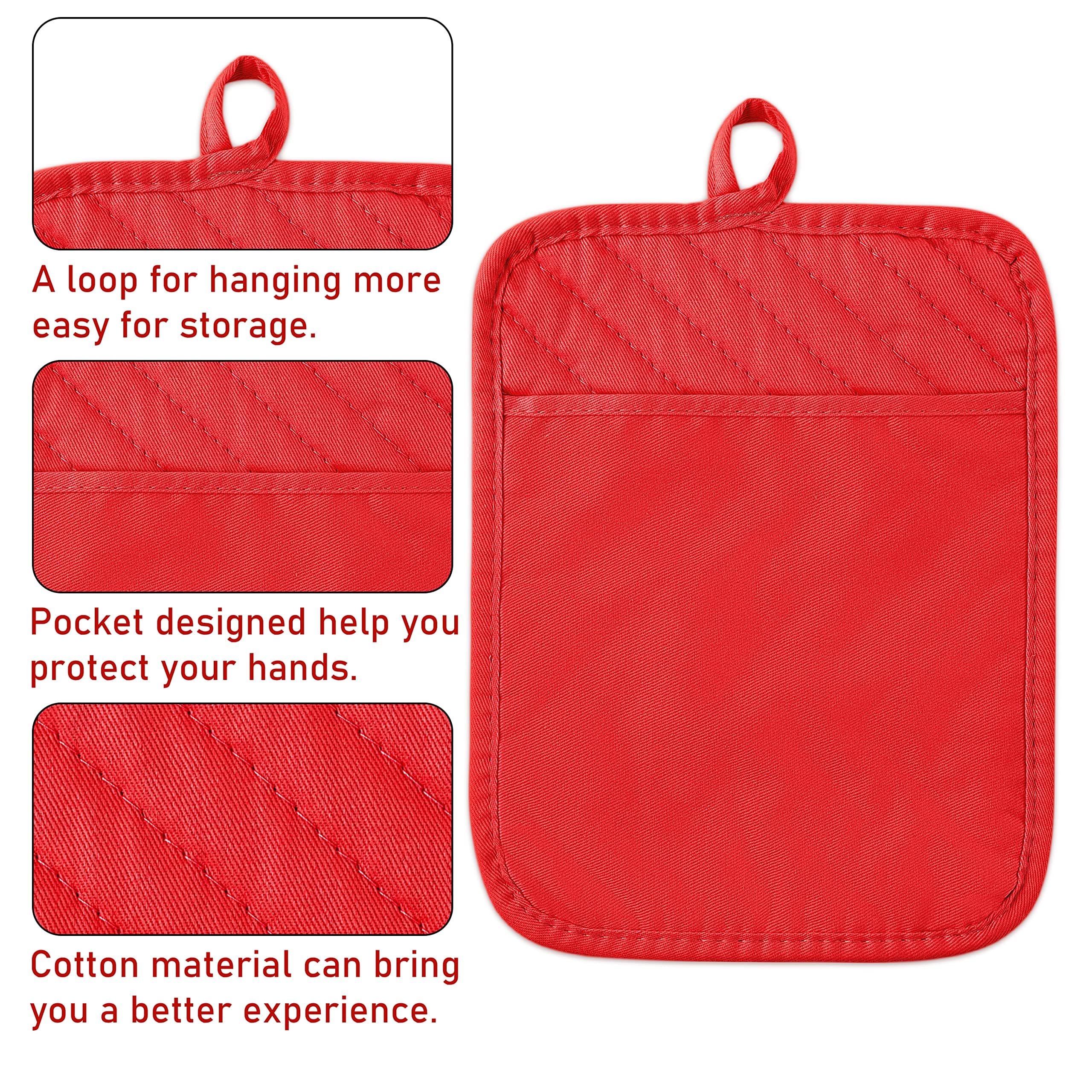 5-Pack Heat Resistant Cotton Pot Holders - Machine Washable Oven Mitts with Pockets for Baking, Cooking & Grilling (8.9