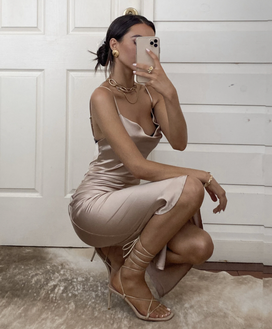 Aspen Midi Dress - Elegant Champagne Satin Formal Dress for Women | Perfect for Weddings, Parties & Evening Events
