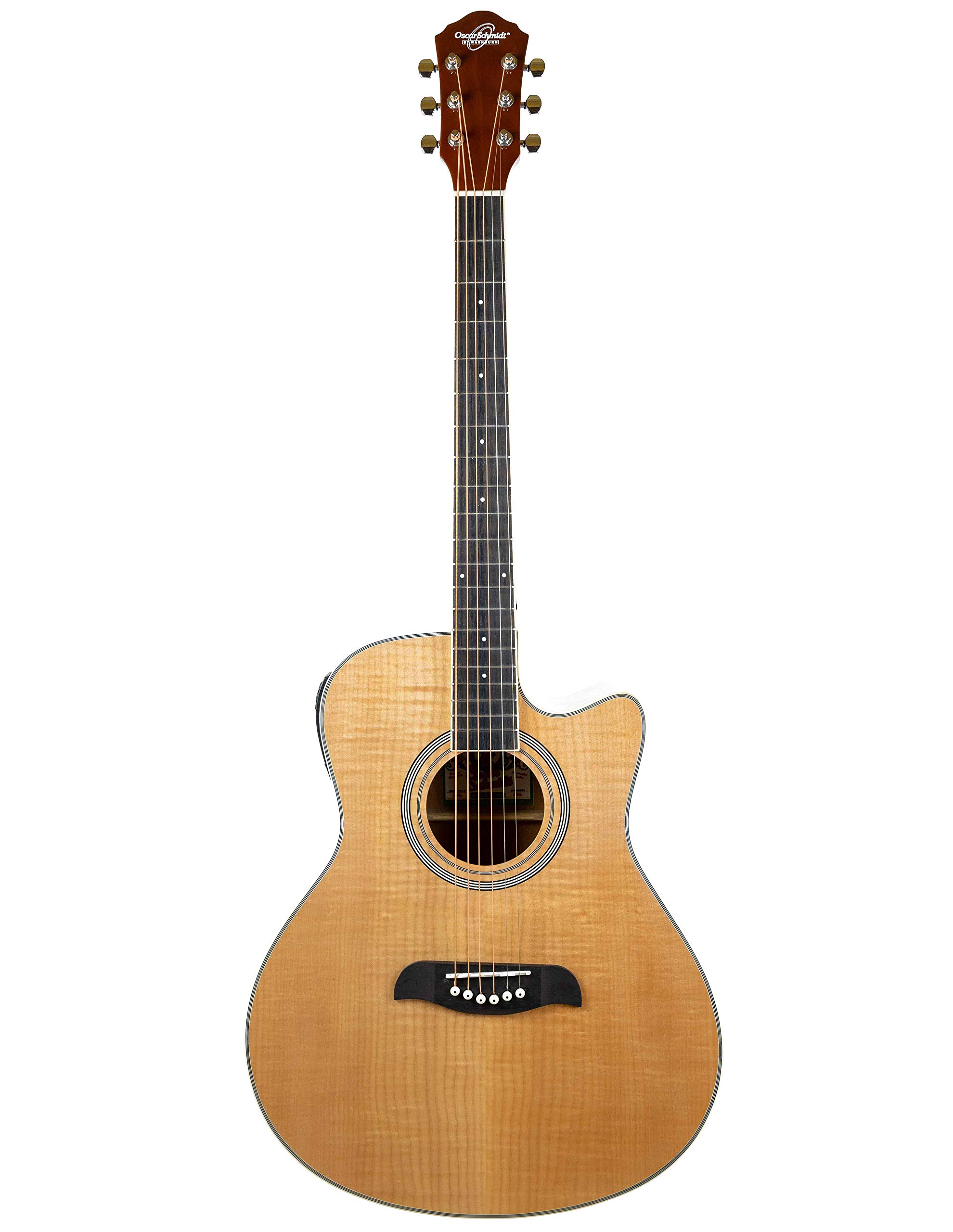 Oscar Schmidt OA10CE Mini Auditorium Acoustic-Electric Guitar Bundle - Natural Finish with Cable, Tuner, Strap, Picks, Instructional Book & Accessories | Perfect for Beginners, Travel & Live Performances
