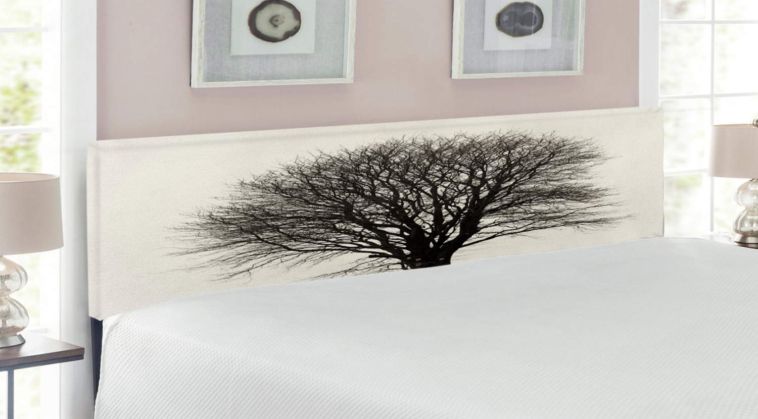 Ambesonne King Size Upholstered Headboard - Vintage Black & White Lonely Tree Design with Memory Foam, Ivory Dark Grey | Perfect for Farmhouse, Countryside & Rustic Bedroom Decor