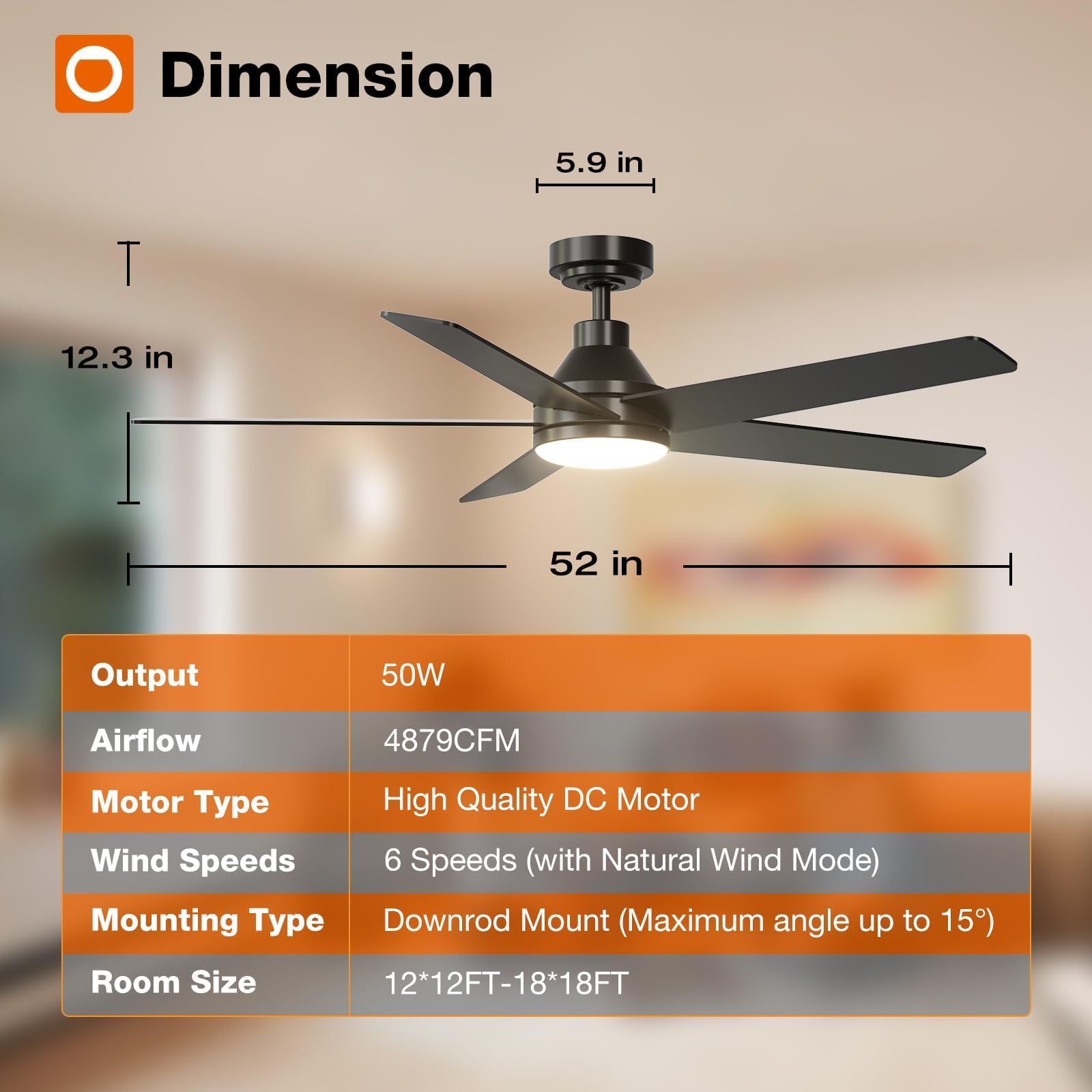 52 Inch Black Ceiling Fan with Lights and Remote Control - Reversible, Dimmable, Noiseless 3CCT LED - Indoor/Outdoor Use for Bedroom, Living Room, Patio & Covered Porch