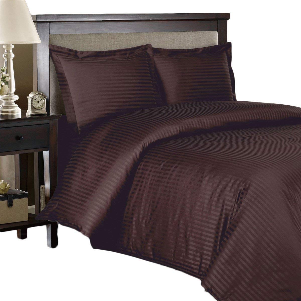 Royal Tradition Stripes Chocolate 300 Thread Count 100% Cotton Duvet Cover Set - Full/Queen Size 3PC Comforter Cover with Button Enclosures for Luxurious Bedroom Decor