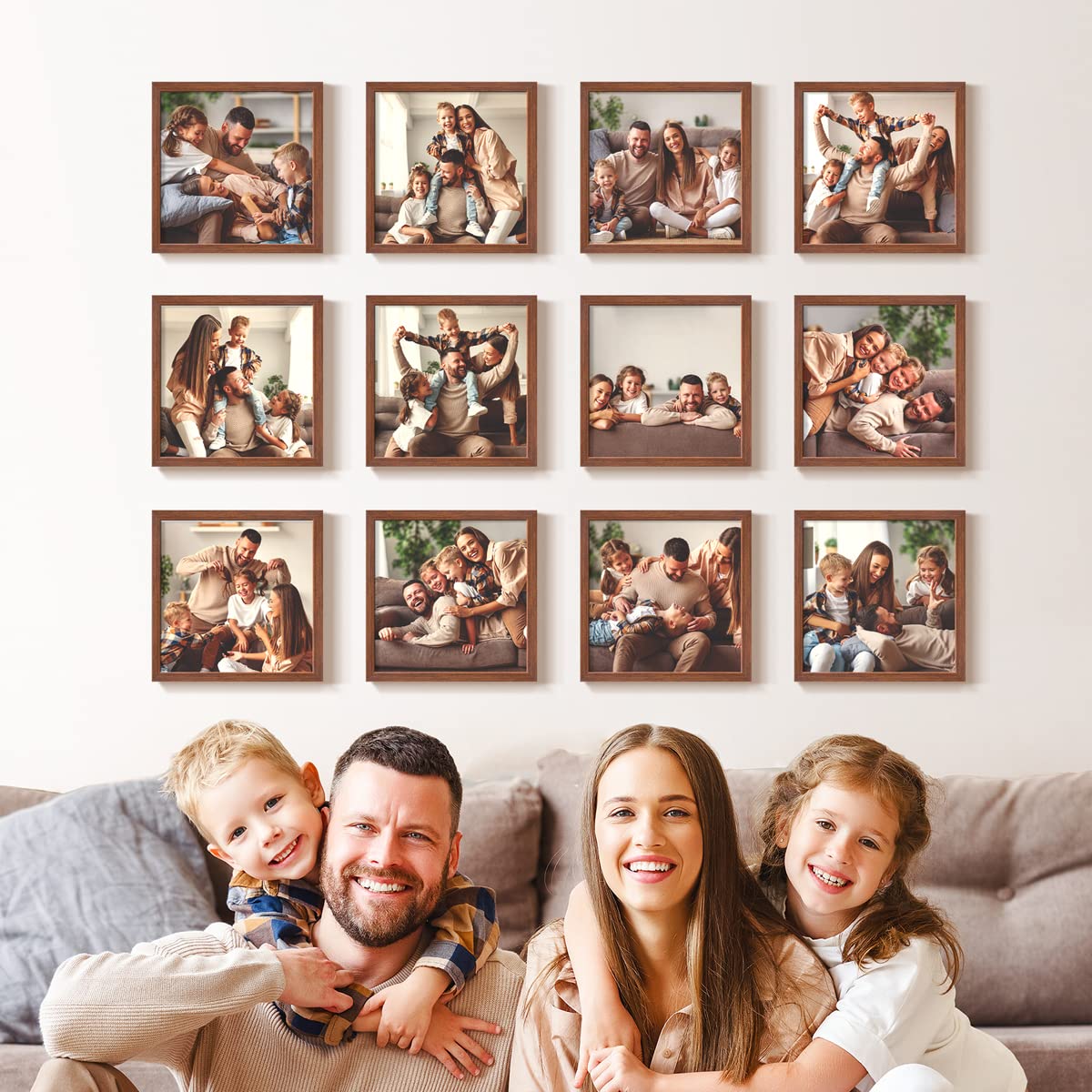12-Piece Custom Photo Prints Set with 8x8 Real Wood Picture Frames - Create Personalized Collage Using Peel & Stick Walnut Frames - Perfect for Home Decor, Wedding Gifts & Wall Art Displays