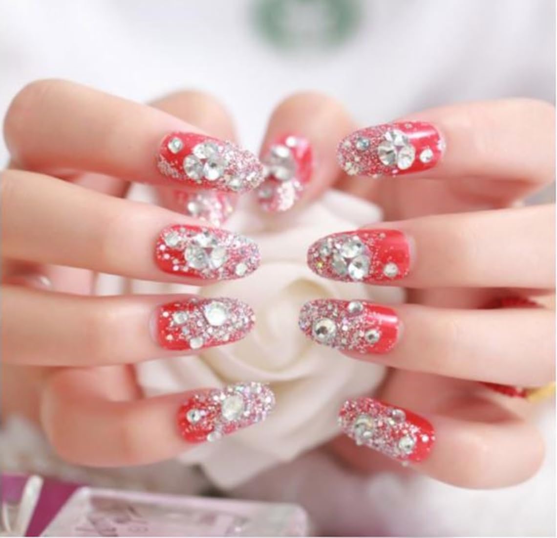 VIKSON INTERNATIONAL 24 Pcs Press On Nails - Red Silver Glitter Fake Nails with Rhinestones, Glossy Round Tip Artificial Nail Extensions Set with Pre-Glued Adhesive & Nail Application Kit | Perfect for Women & Girls | Great for Parties, Weddings & Special Occasions