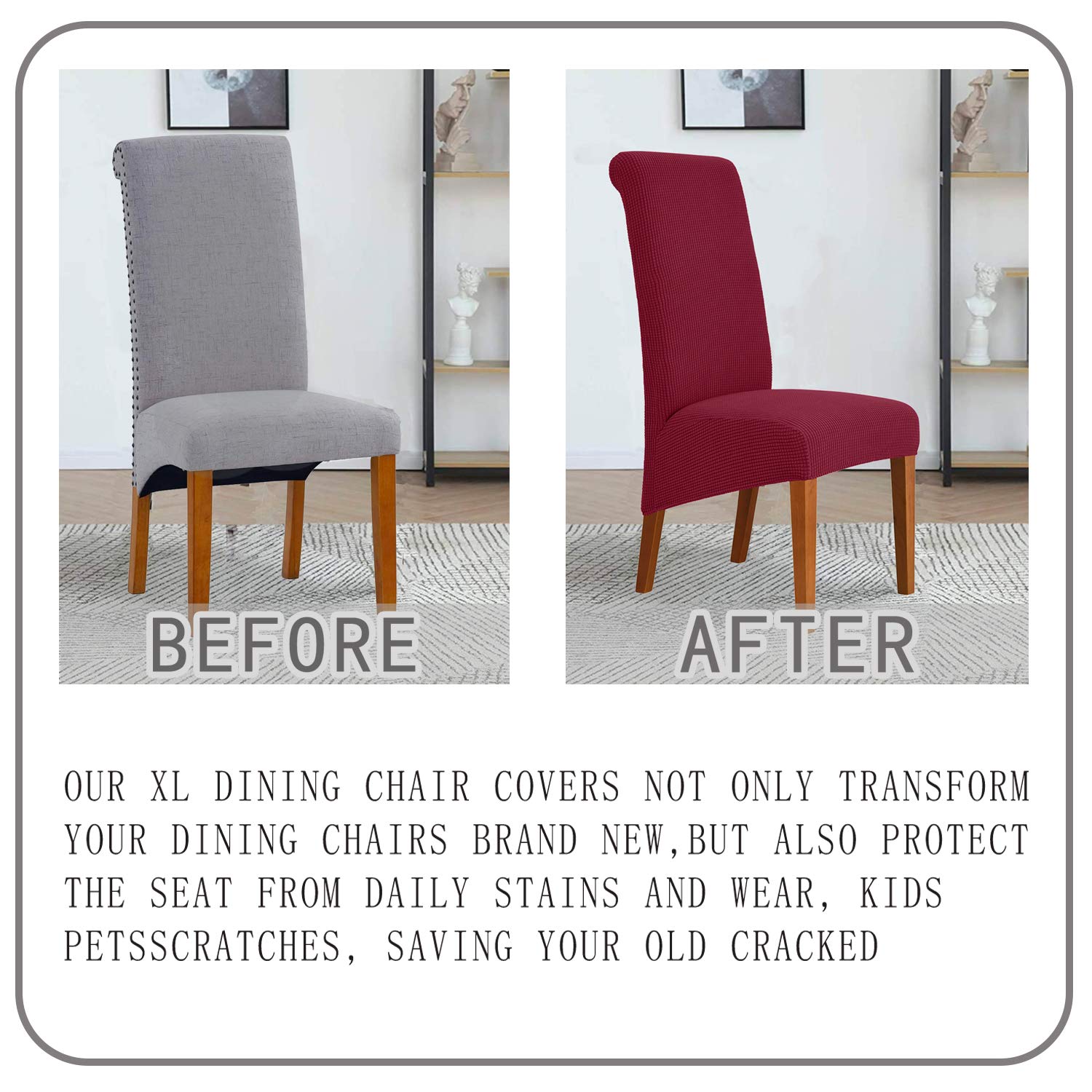 Deisy Dee Stretch XL Oversized Soft Spandex Dining Chair Covers - Washable & Removable Slipcovers for Kitchen & Dining Room (Burgundy, Set of 4) | Perfect for Home Decor, Restaurant Use & Chair Protection