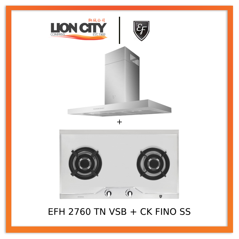 EF 90cm Stainless Steel Chimney Hood CK Fino SS + EF EFH 2760 TN VSB 78cm Built-in Gas Hob - Professional Kitchen Ventilation & Cooking Solution for Home Chefs