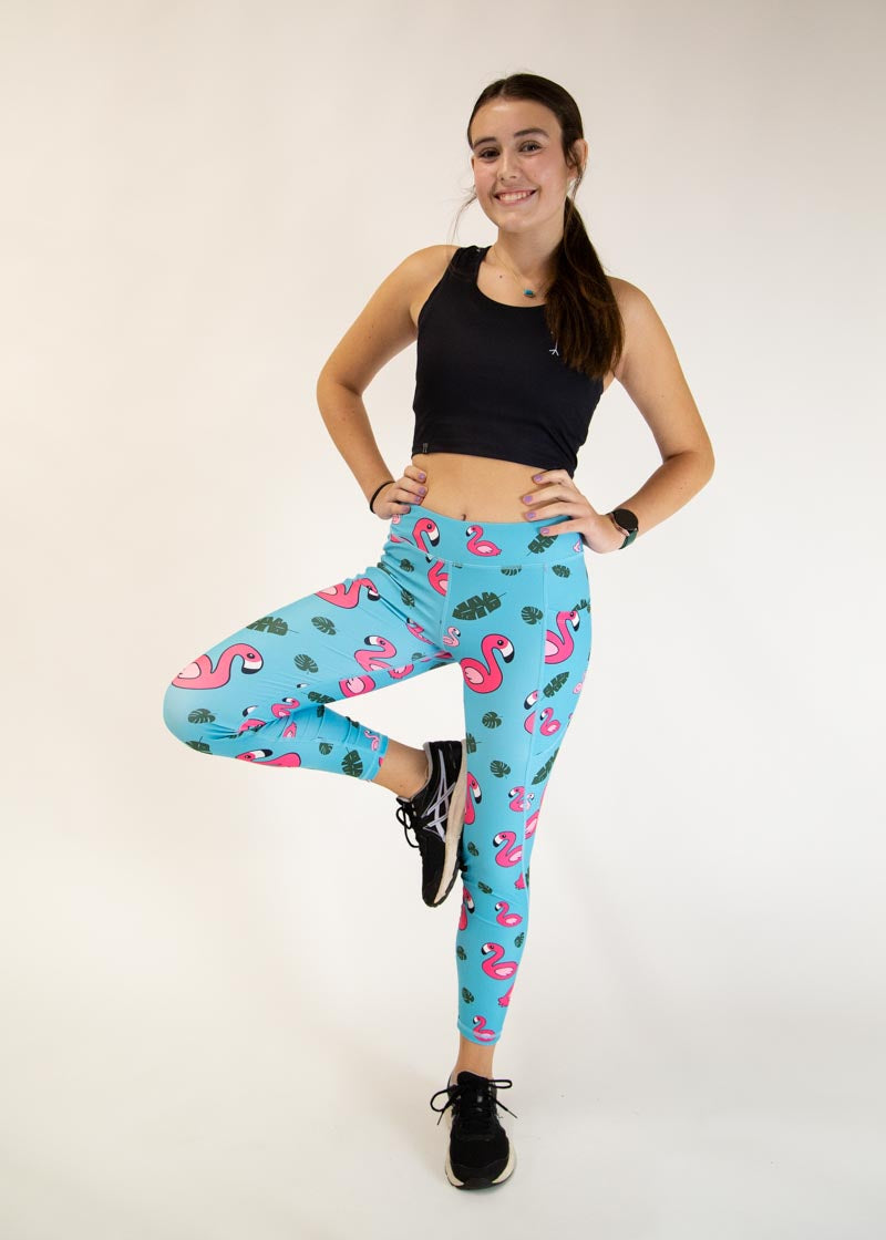 Women's Blue Flamingo Print Yoga Leggings - High Waisted Stretchy Workout Pants for Running, Gym & Lounge Wear