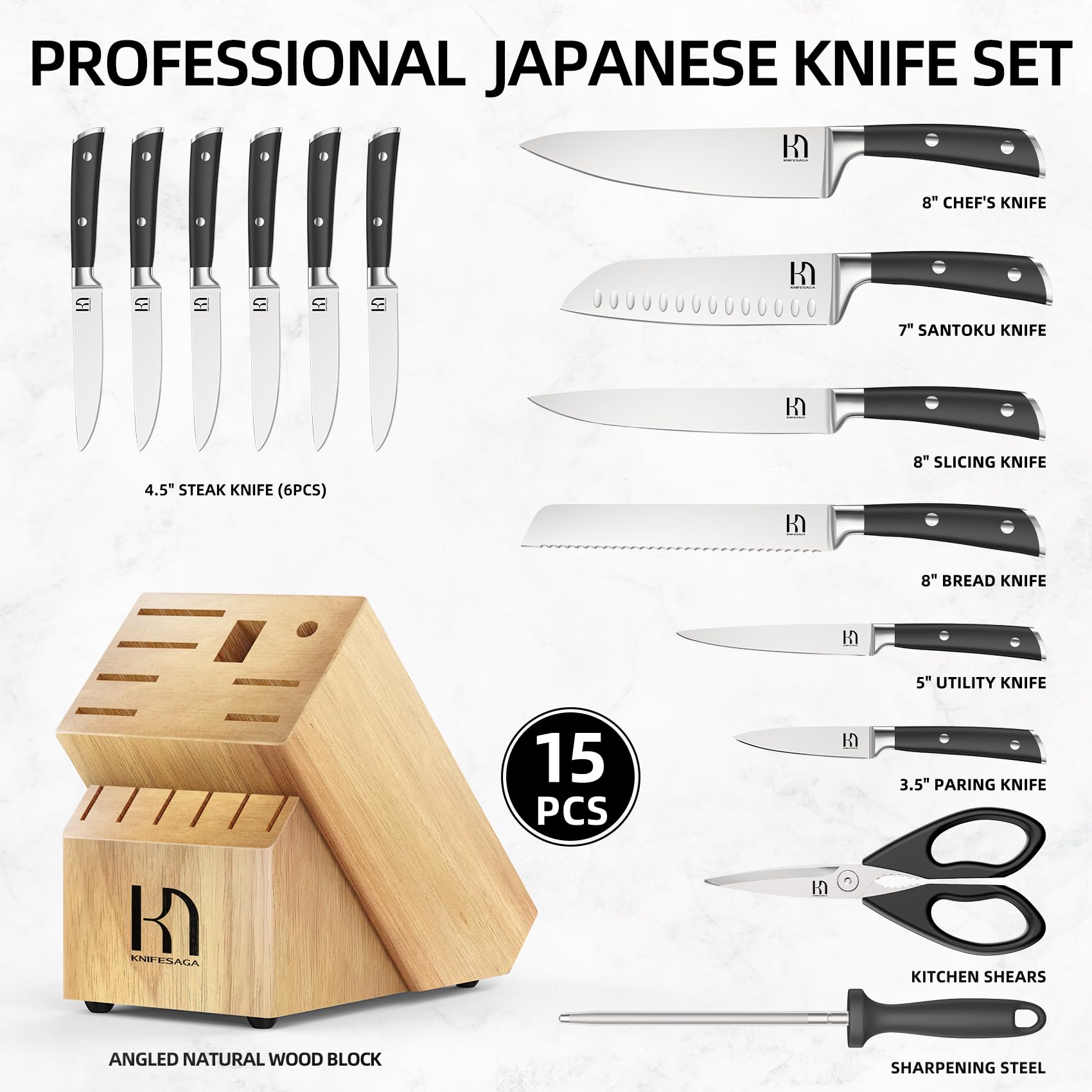 2024 Upgraded 15-Piece Japanese Knife Set - Premium High Carbon Stainless Steel Kitchen Knives with Sharpener & Natural Wood Block - Razor Sharp Blades for Professional Chefs & Home Cooking - Perfect for Slicing, Dicing, and Food Preparation