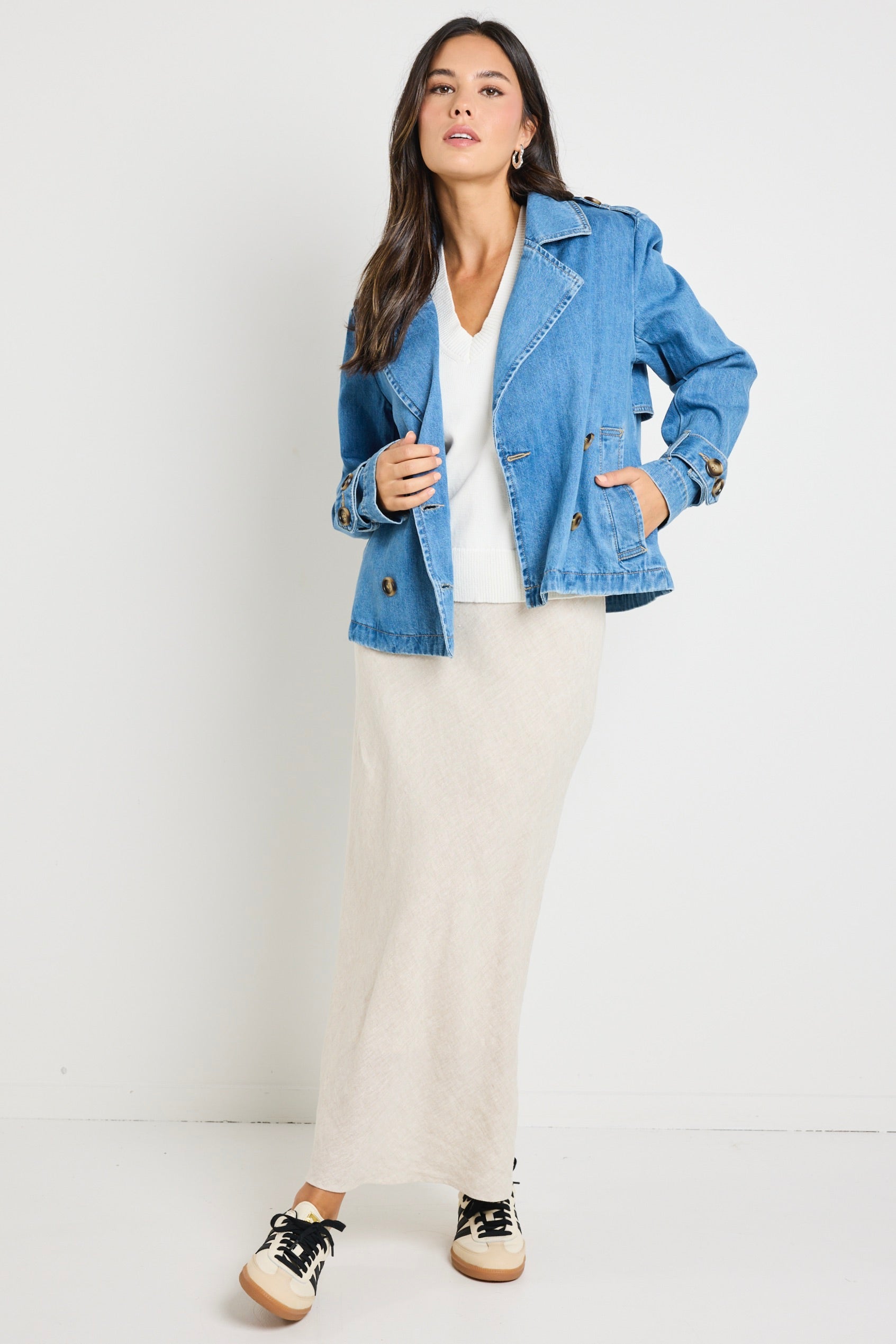 Heritage Storm Blue Cropped Denim Trench Jacket - Vintage Style Women's Denim Coat for Casual Outfits & Streetwear Fashion
