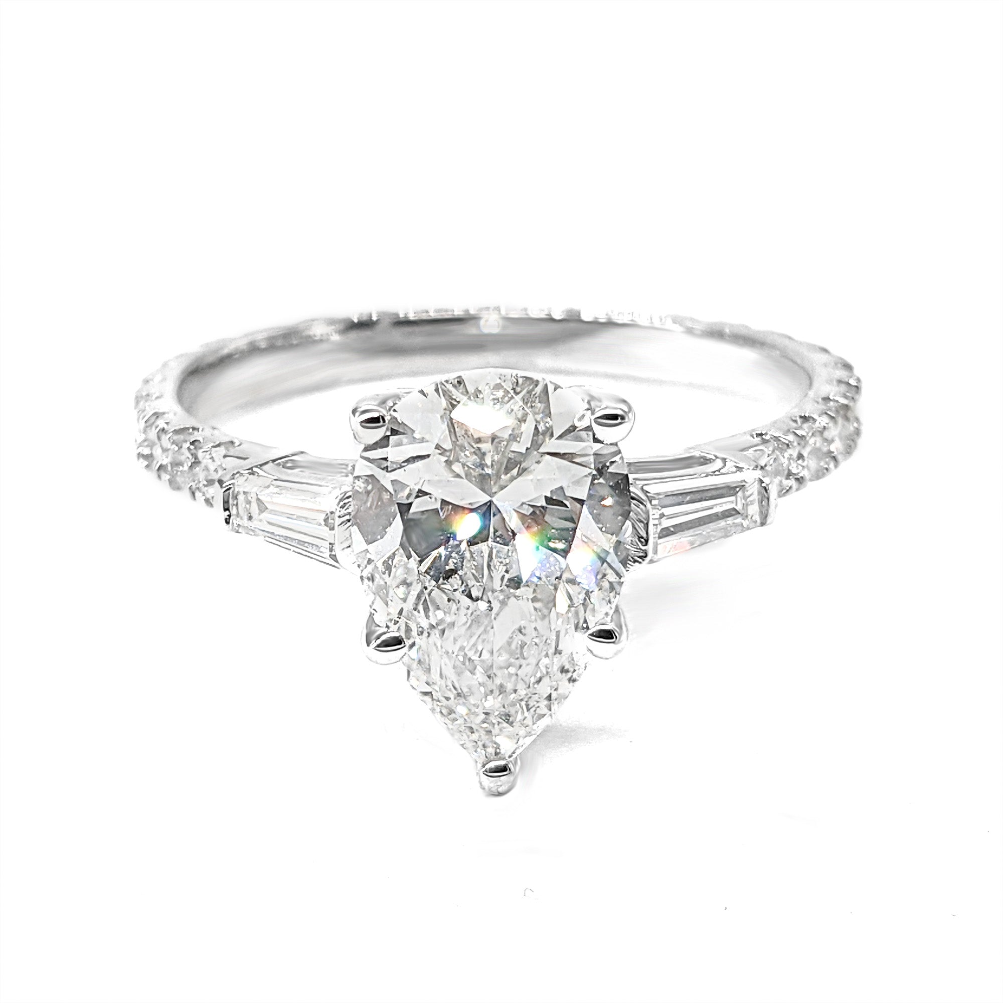 2.00 Carat Pear Diamond Three Stone Engagement Ring with Tapered Baguette Side Stones - Perfect for Proposals, Anniversaries & Bridal Jewelry