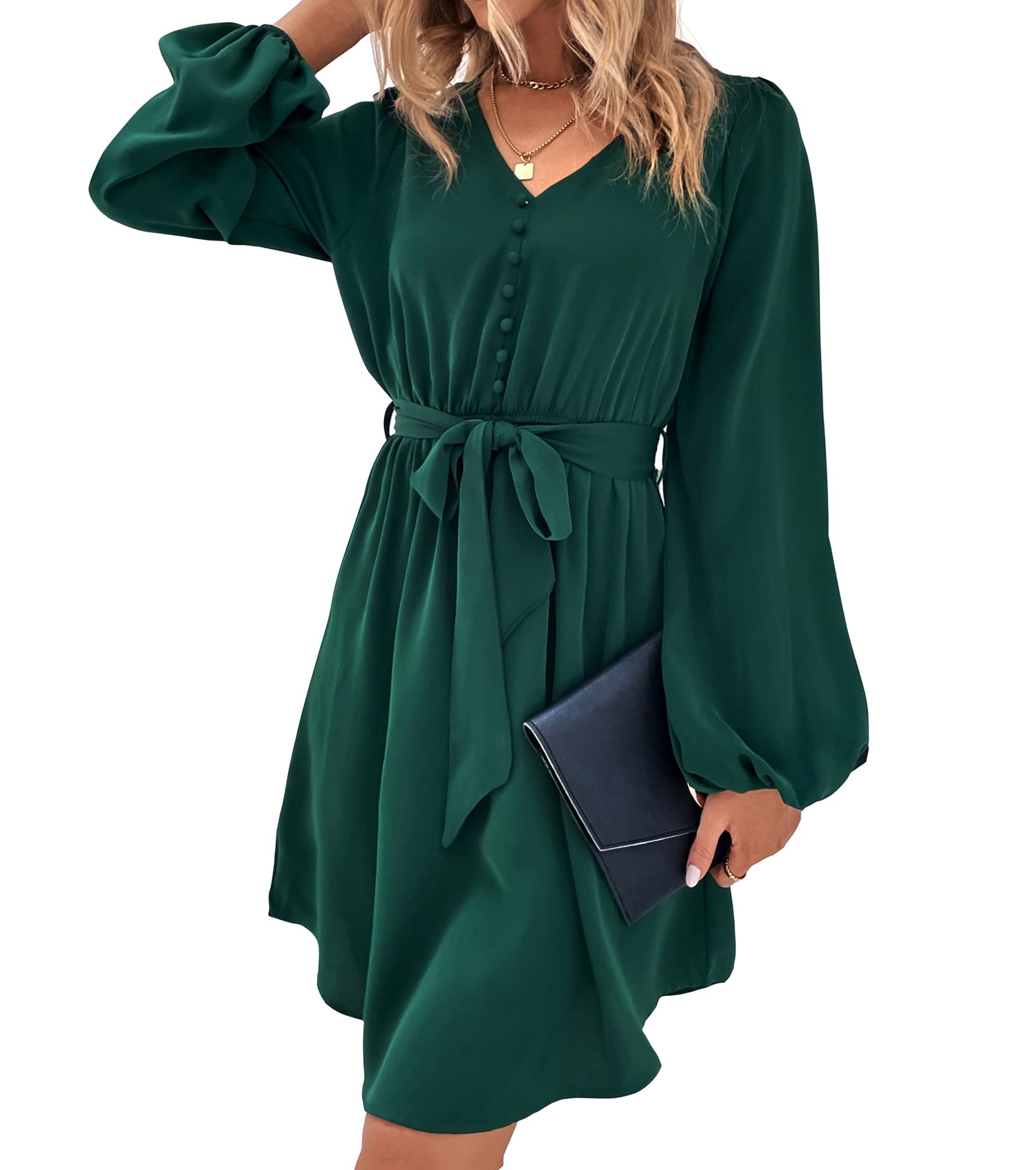 Women's Floral V-Neck Long Sleeve Midi Dress for Spring & Fall - Elegant Smocked Waist Wedding Guest & Party Cocktail Dress | Perfect for Bridal Showers, Date Nights & Office Wear