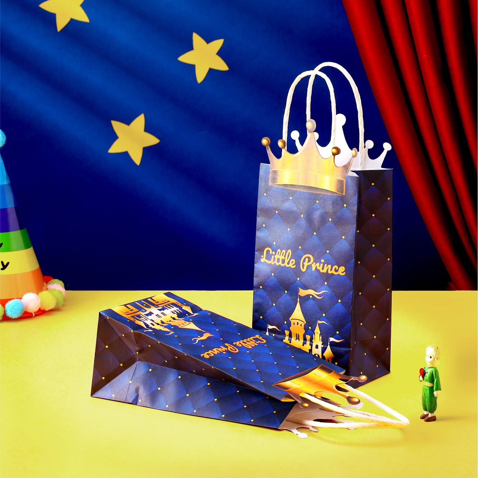 16 Pack Prince Party Favor Bags with Glitter Crowns & Handles - Kraft Paper Goodie Bags for Baby Showers, Birthdays, Royal Themed Parties - Perfect for Treats, Gifts & Party Supplies