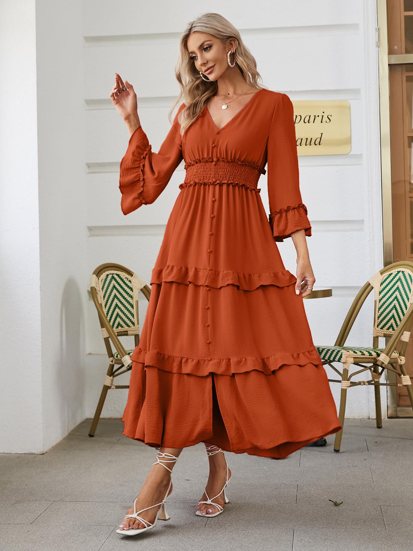 Amegoya Women's V Neck Long Sleeve Boho Maxi Dress - Flowy Summer Wedding Guest Dress for Engagement, Party & Beach Vacation - Elegant Midi Dress for Women