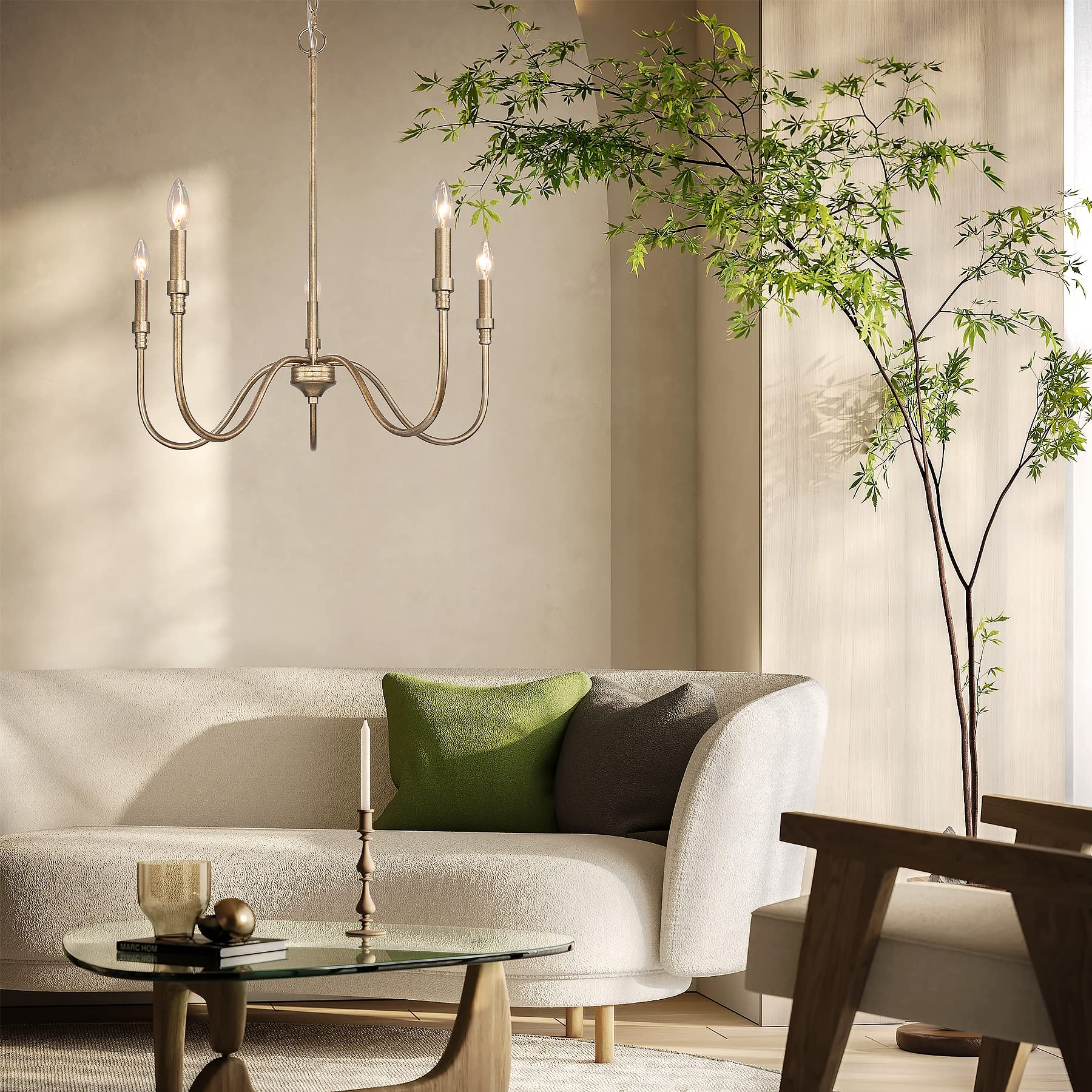5-Light Farmhouse Chandelier - Antique Gold Linear Pendant Light for Kitchen Island, Dining Room & Living Room | Rustic Lighting Fixture for Modern Farmhouse Decor & Open Concept Spaces