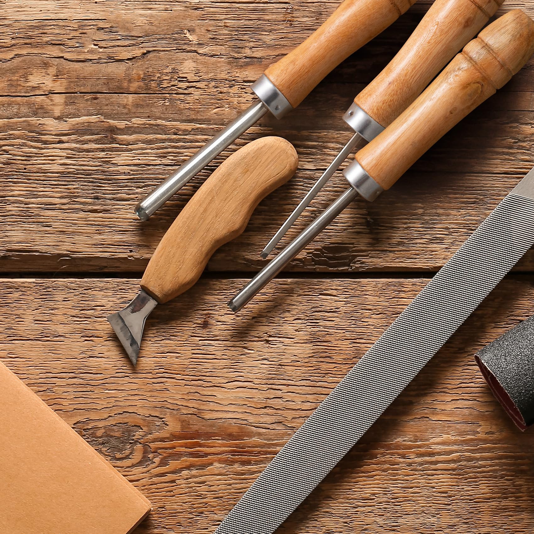 4-Piece Wooden File Handle Set with Heavy-Duty Metal Collars - Medium (6