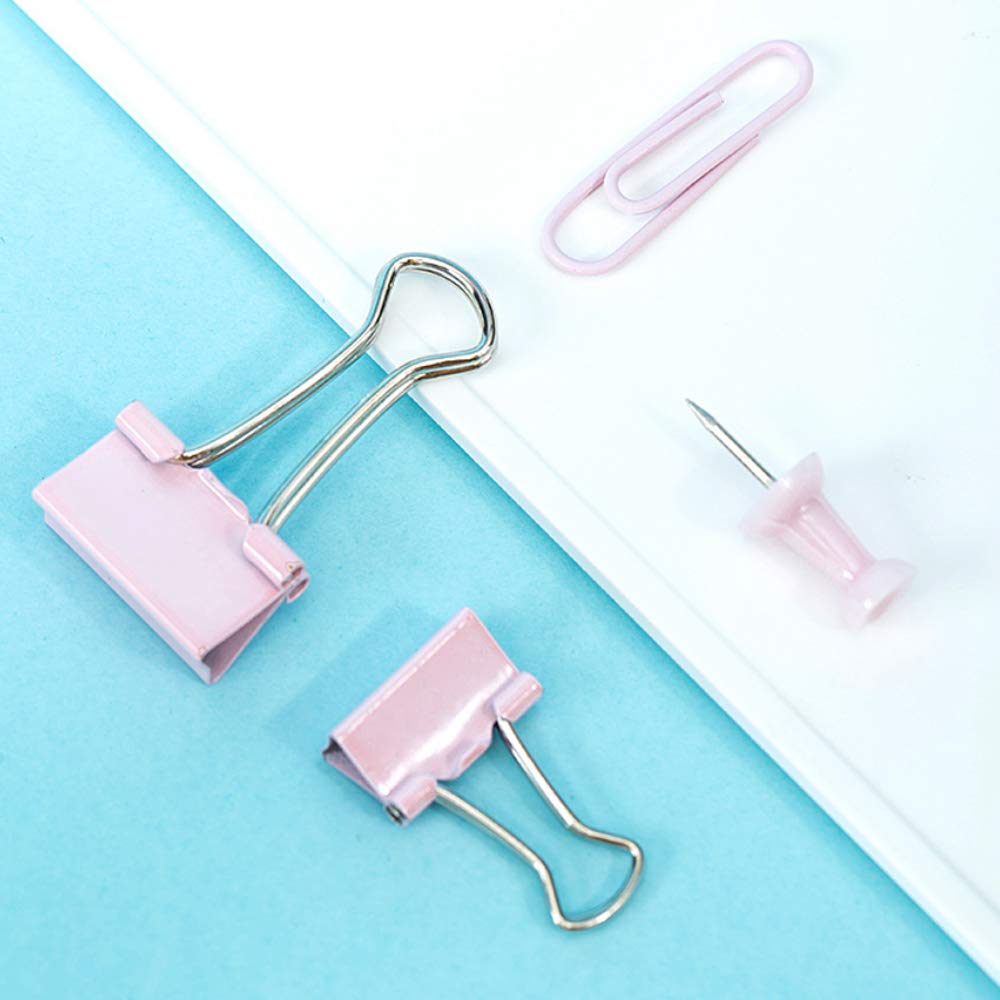 Metal Paper Clips & Binder Clips Set - Assorted Sizes with Push Pins - Cute Pink Office Supplies for Desk Organization - Perfect for School, Office & Home Workspace