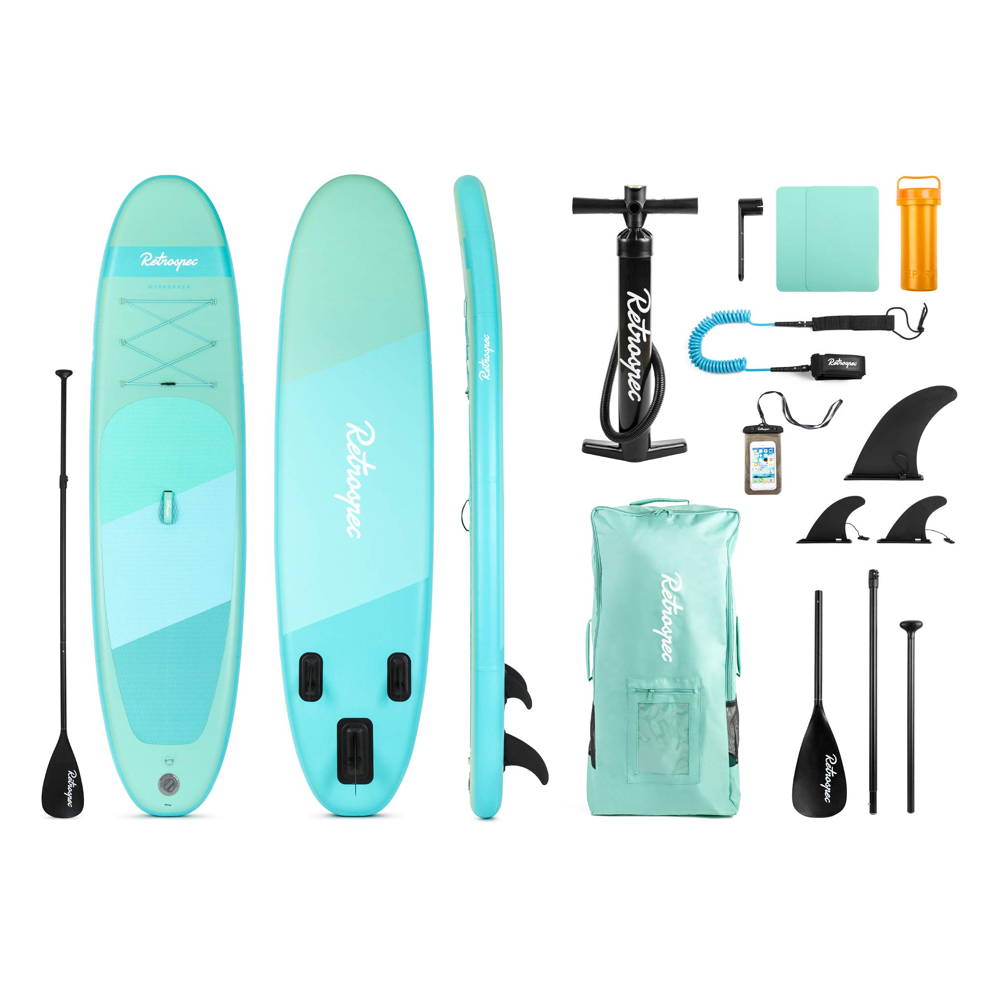 Retrospec Weekender 10' Inflatable Stand Up Paddle Board (ISUP) Complete Bundle - Includes Carry Bag, Adjustable Aluminum Paddle, 3 Removable Fins, Hand Pump & Phone Case - Perfect for Lakes, Rivers & Ocean Paddling