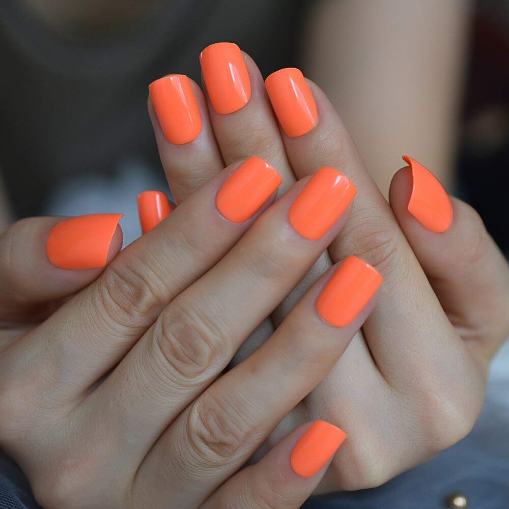 EchiQ Short Square Fake Nails - Natural Shape Glossy Gel Nails in Orange & Pink | Easy to Apply with Adhesive | Perfect for Daily Wear, Work, Parties & Special Occasions