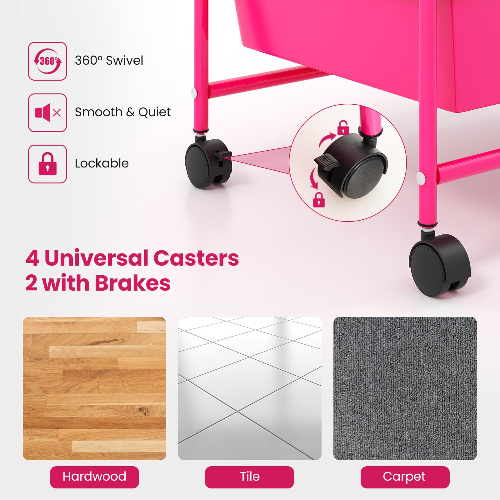 15-Drawer Rolling Storage Cart with Lockable Wheels - Multipurpose Craft Organizer for Tools, Arts, Scrapbooking, Papers - Perfect for Home, Office & School Use (Hot Pink) - Ideal for Craft Rooms, Classrooms & Workspaces