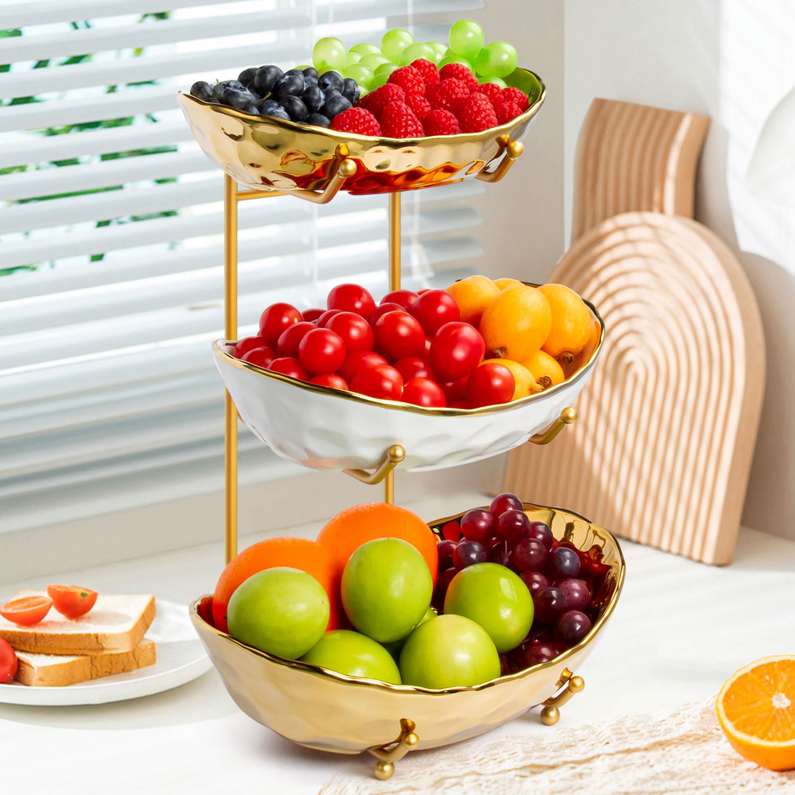 3-Tier Ceramic Fruit Bowl for Kitchen Counter - Large Capacity Modern Multi-Layer Fruit Basket Display Stand - Gold (Perfect for Parties, Dining Room Decor & Healthy Snack Organization)
