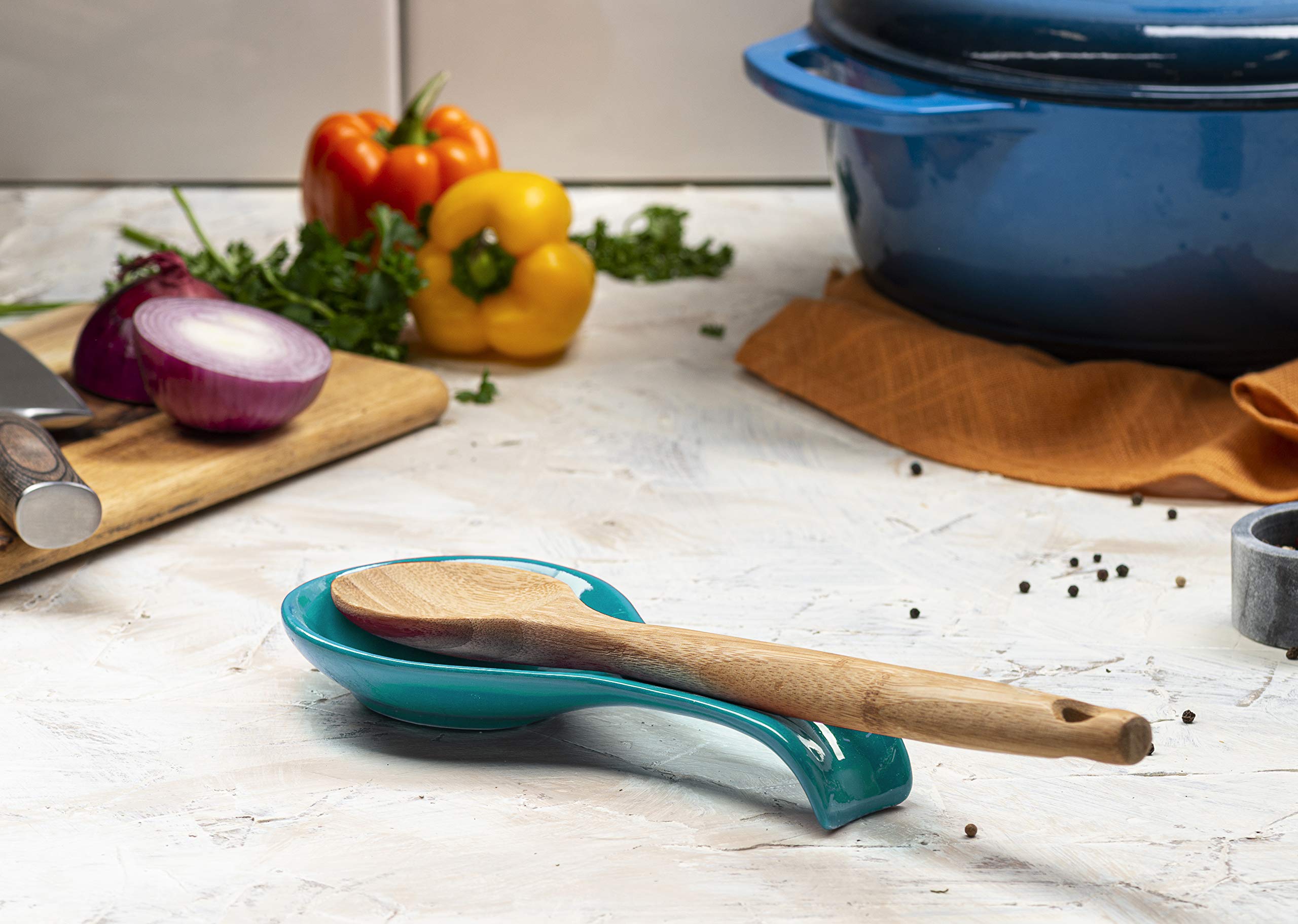 Kook Ceramic Spoon Rest Set of 2 - Stovetop Utensil Holder & Kitchen Decor - Farmhouse Style, Dishwasher Safe - Perfect for Home Cooking & Coffee Bar Accessories (Aqua Blue)