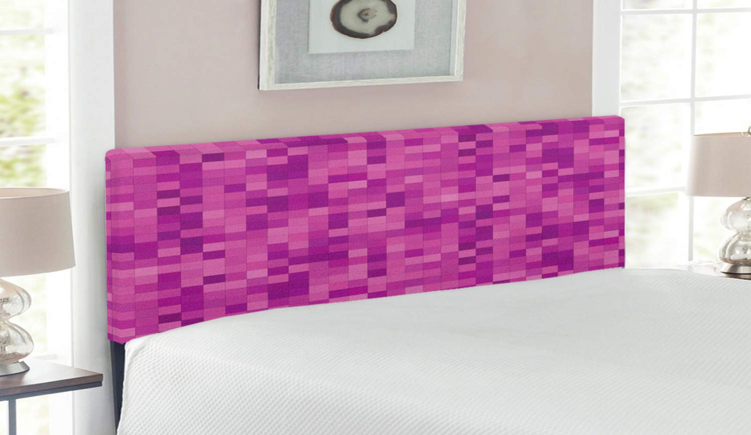 Lunarable Magenta Upholstered Headboard - Fractal Square Mosaic Tile Design, Memory Foam Queen Size Bed Headboard in Violet Lilac | Contemporary Polygonal Pixel Contrast for Modern Bedroom Decor