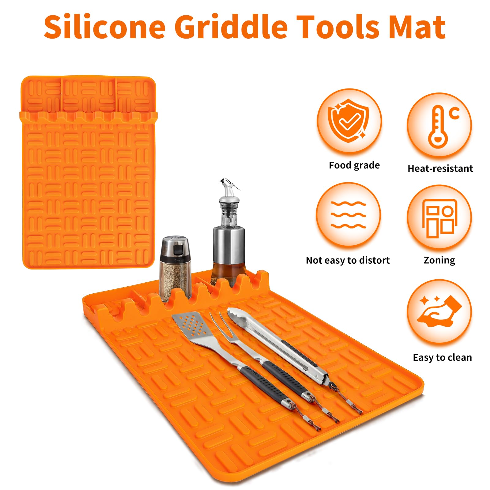 2 Pack Non-Slip Silicone Griddle Tool Mat for Blackstone BBQ Grill - Heat Resistant Cooking Mat with Drip Pad - Perfect for Outdoor Grilling, Countertop Protection & Kitchen Organization (Orange)