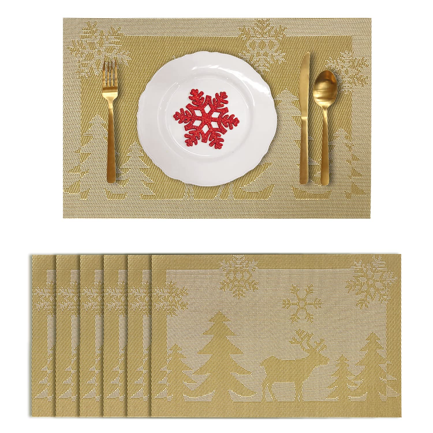 RIMOBUL Christmas Placemats Set of 6 - Woven Vinyl Non-Slip Washable Table Mats for Kitchen Dining, Holiday Decor (Reindeer-Gold) - Perfect for Christmas Dinner, Party Decorations & Festive Home Decor