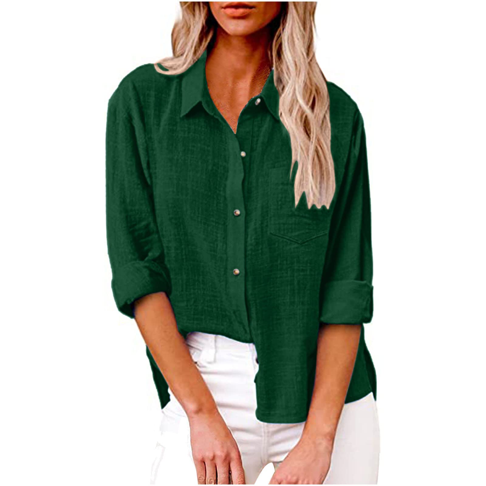 Women's Linen Long Sleeve Blouse with Button Lapel - Elegant Work & Casual Slim Fit Cotton Top for Office Wear & Everyday Outfits