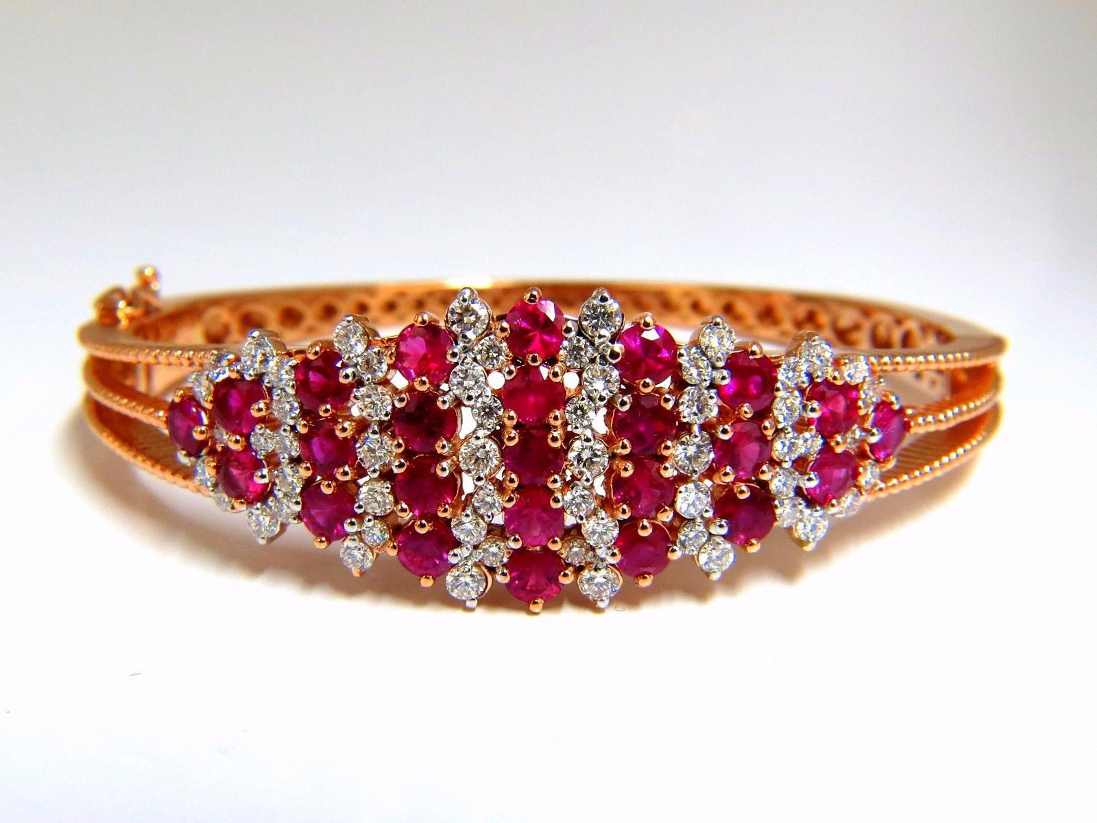 6.16ct Natural Round Cut Ruby & Diamond Bangle Bracelet in 14K Gold - Victorian Style Jewelry for Weddings, Anniversaries & Special Occasions
