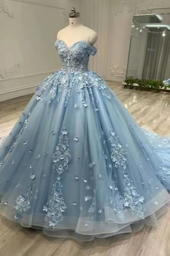 Elegant Off-The-Shoulder Blue Strapless Evening Dress with Applique Detail - Quinceanera Ball Gown J4589 for Prom, Wedding & Formal Events