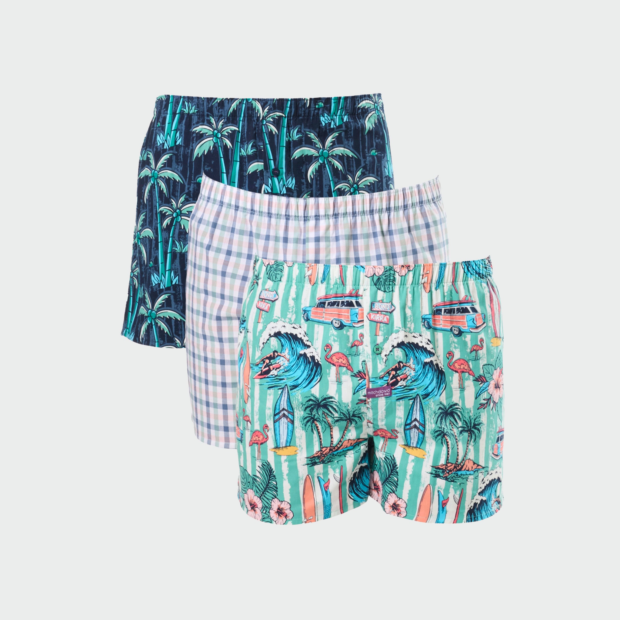 Men's Surfin' Palms Cotton Boxer Shorts 3-Pack - Breathable & Comfortable Underwear for Summer, Beach & Casual Wear - Green