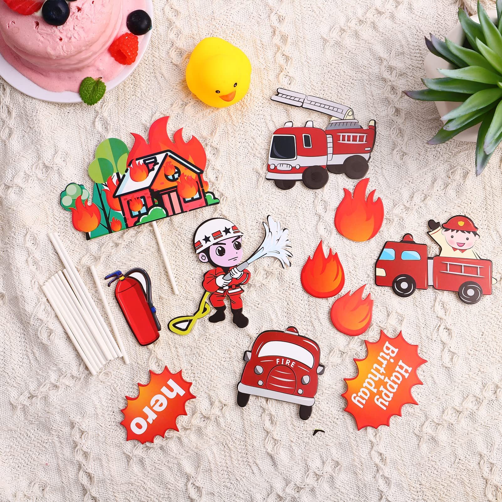 HEMOTON 44pcs Firefighter Cake Toppers - Fire Truck Decorations for Kids Birthday Party, Fireman Theme Cake Decor - Perfect for Firefighter Themed Birthday Cakes, Cupcakes and Party Supplies